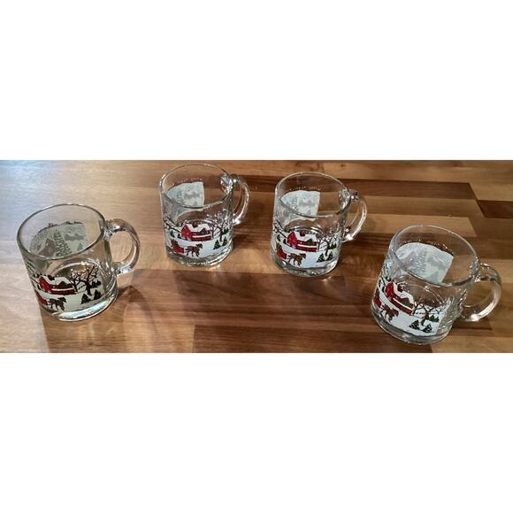 Vintage Set Of 4 Libbey Currier & Ives Christmas Glass Mugs Winter Snow Scene - Picture 2 of 11
